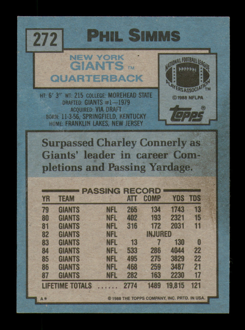 Phil Simms Autographed 1988 Topps Card #272 New York Giants SKU #242196