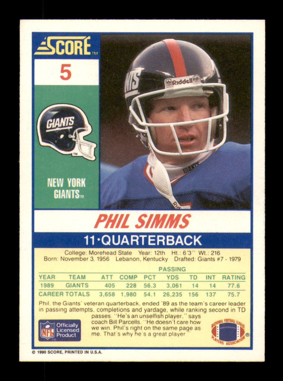 Phil Simms Autographed 1990 Score Card #5 New York Giants SKU #242199
