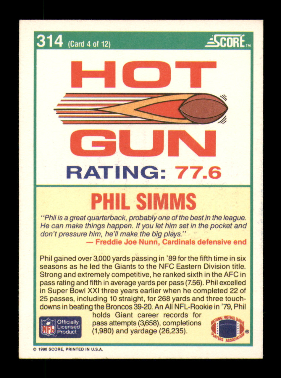 Phil Simms Autographed 1990 Score Card #314 New York Giants SKU #242200