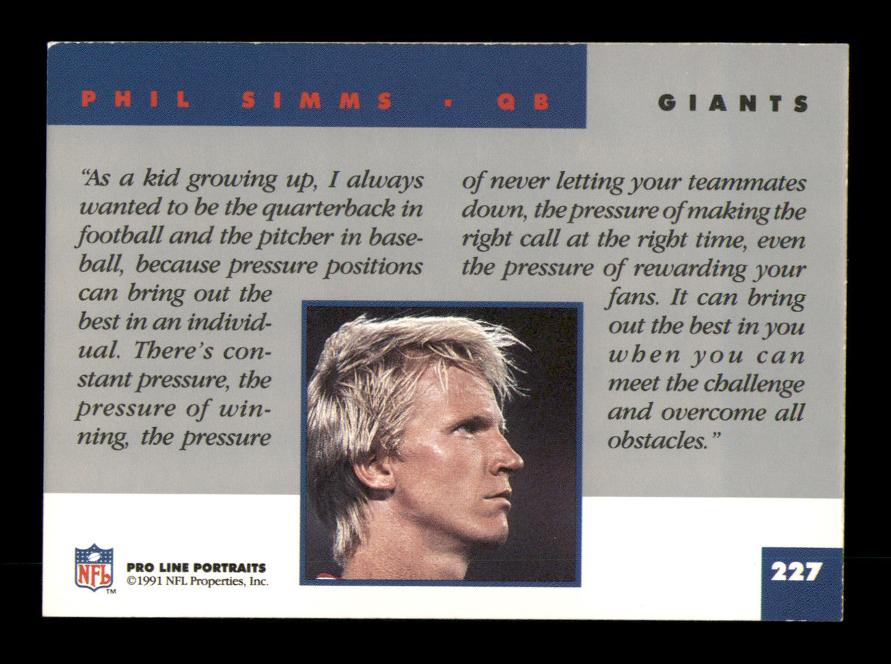 Phil Simms Autographed 1991 Pro Line Card #227 New York Giants SKU #242203