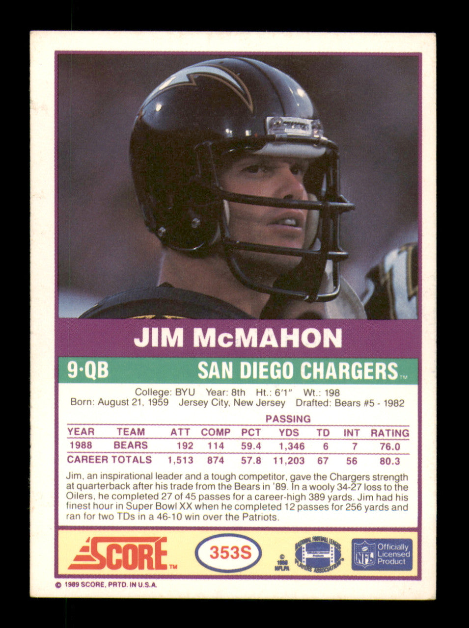 Jim McMahon Autographed 1989 Score Supplemental Card #353S San Diego Chargers SKU #242209