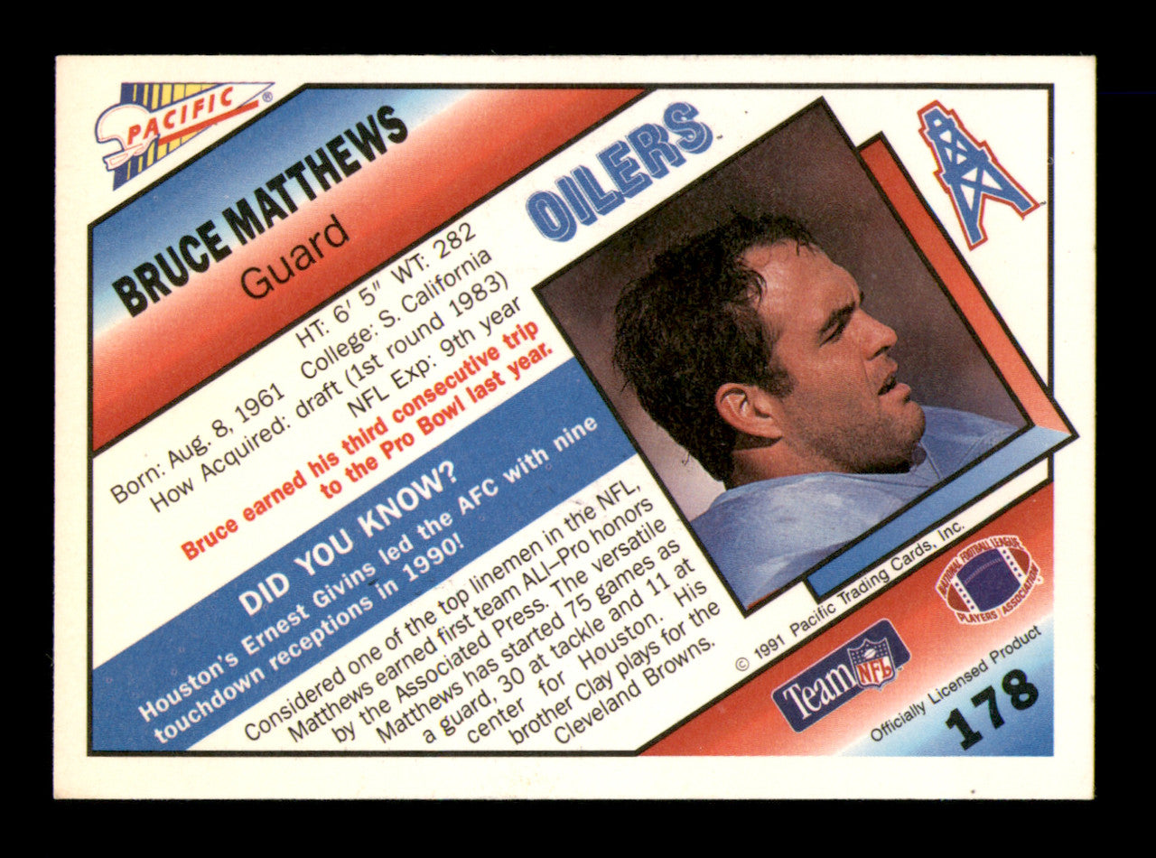 Bruce Matthews Autographed 1991 Pacific Card #178 Houston Oilers SKU #242260