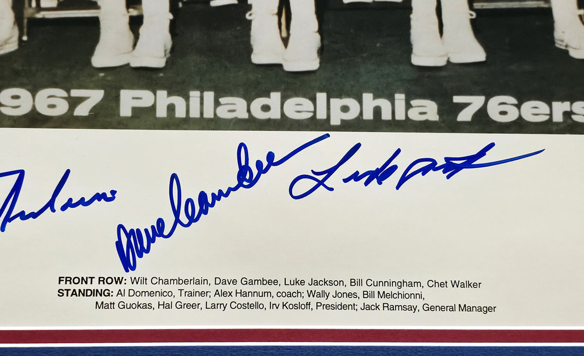 1967 Philadelphia 76ers Team Autographed Framed 16x20 Photo With 12 Signatures Including Wilt Chamberlain Beckett BAS #AE31376