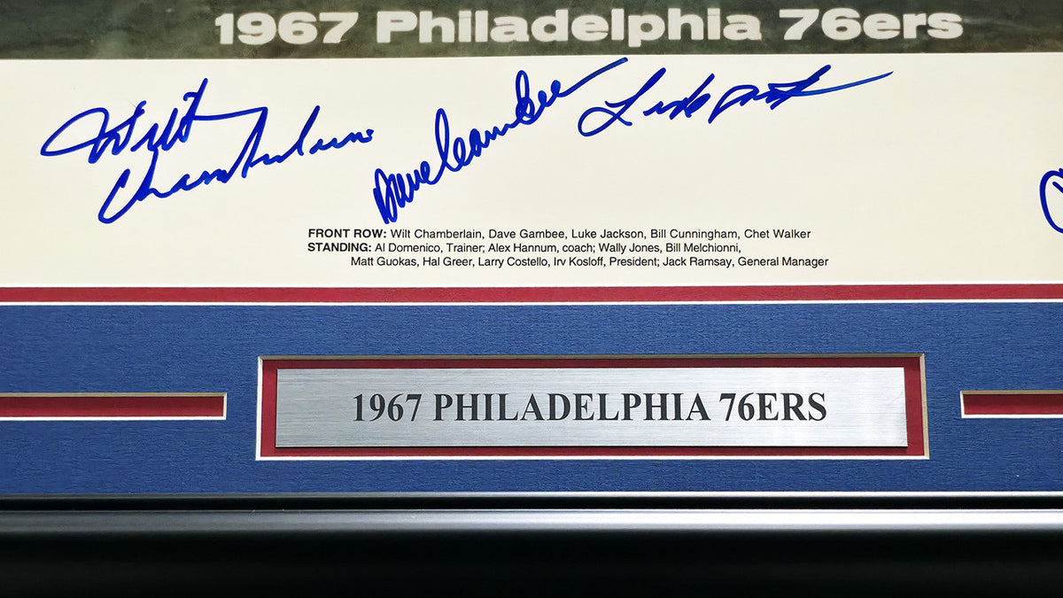 1967 Philadelphia 76ers Team Autographed Framed 16x20 Photo With 12 Signatures Including Wilt Chamberlain Beckett BAS #AE31376
