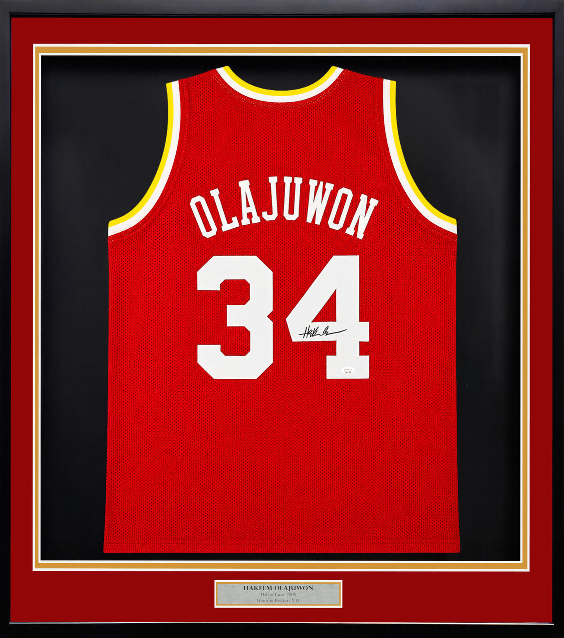 Houston Rockets Hakeem Olajuwon Autographed Framed Red Jersey JSA Stock #265449