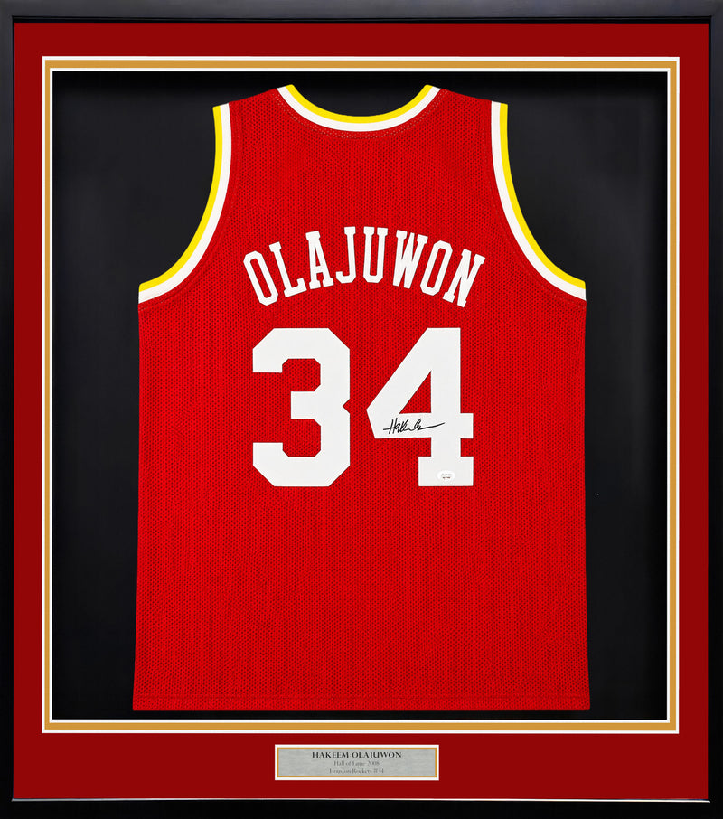 Houston Rockets Hakeem Olajuwon Autographed Framed Red Jersey JSA Stock #265449