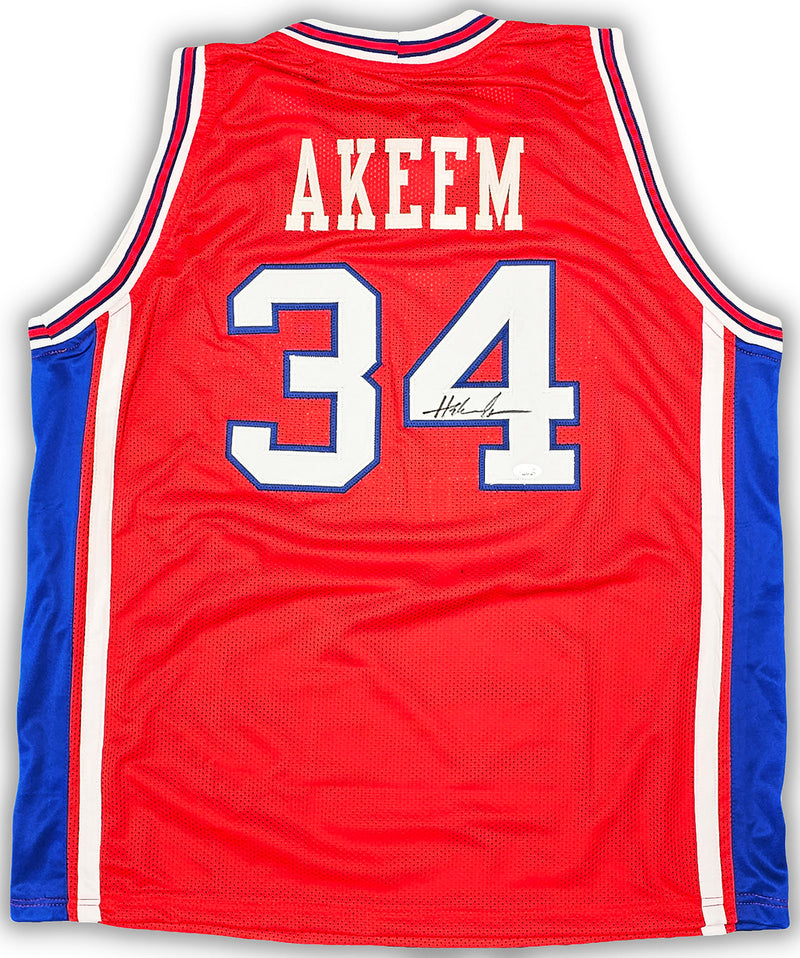 Houston Cougars Hakeem Olajuwon Autographed Red Jersey JSA Stock #215697