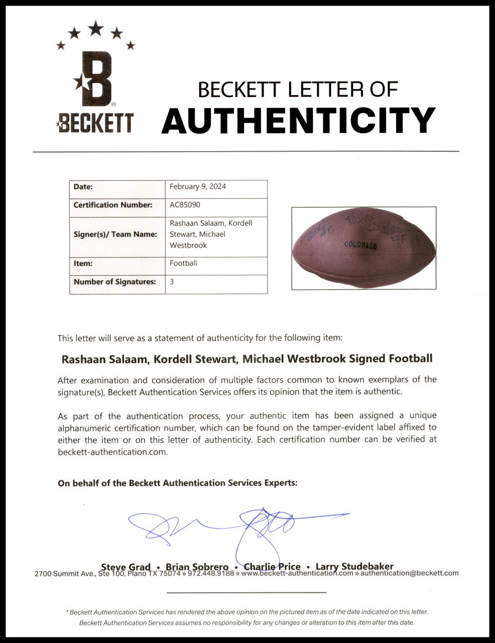 Rashaan Salaam, Kordell Stewart & Michael Westbrook Autographed Official NCAA Leather Football 1994 Colorado Buffaloes (Flat) Beckett BAS #AC85090