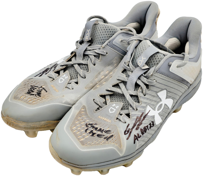 Gunnar Henderson Autographed Grey Under Armour Yard MT Game Used Rookie Cleats Baltimore Orioles "AL ROY 23 Game Used" Dual Signed Beckett BAS QR #1W492691 & #1W492692