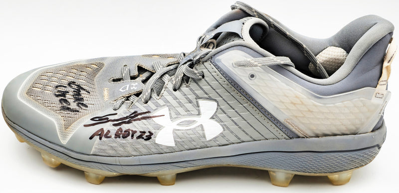 Gunnar Henderson Autographed Grey Under Armour Yard MT Game Used Rookie Cleats Baltimore Orioles "AL ROY 23 Game Used" Dual Signed Beckett BAS QR #1W492691 & #1W492692