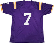 LSU Tigers Patrick Peterson Autographed Purple Jersey Beckett BAS Witness Stock #243598