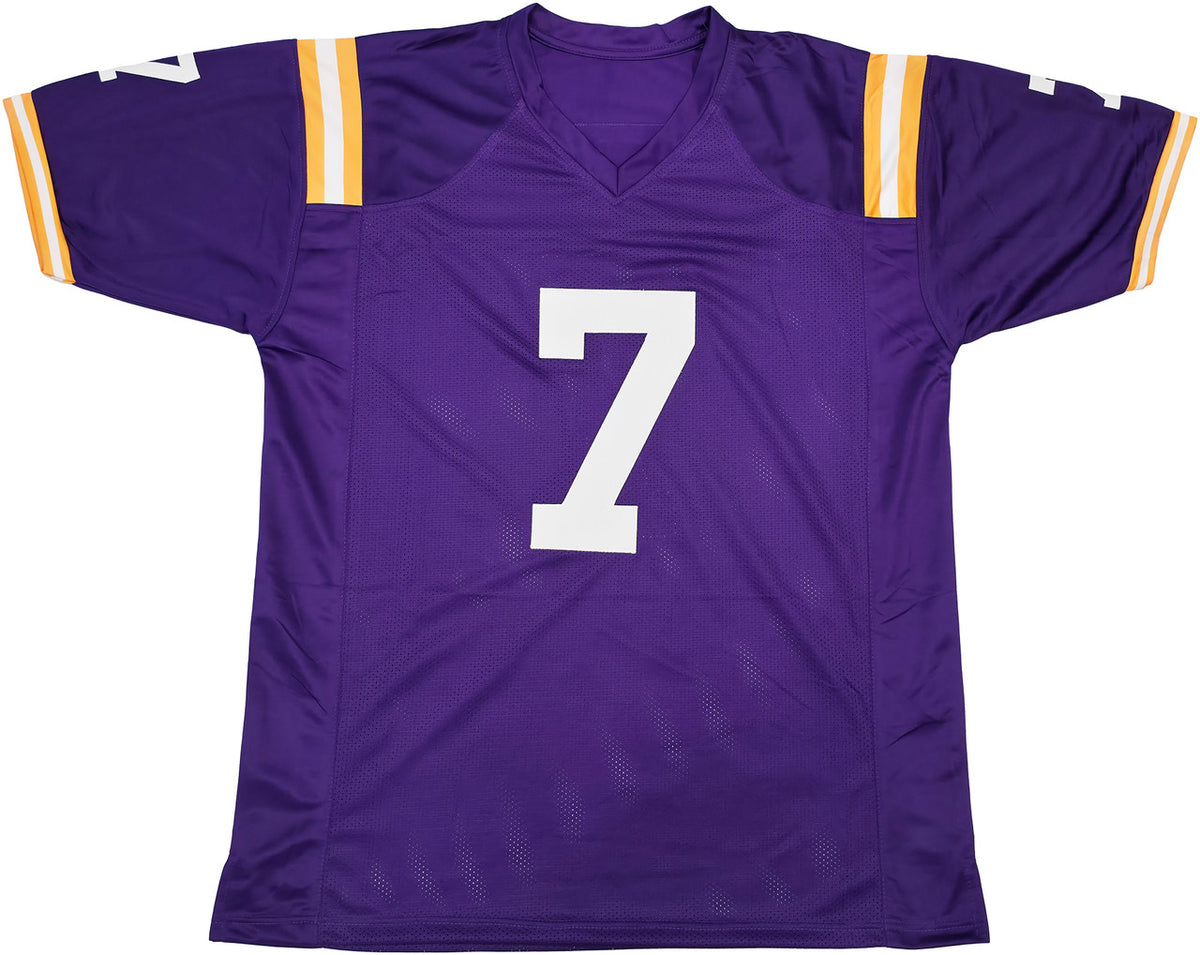 LSU Tigers Patrick Peterson Autographed Purple Jersey Beckett BAS Witness Stock #243598