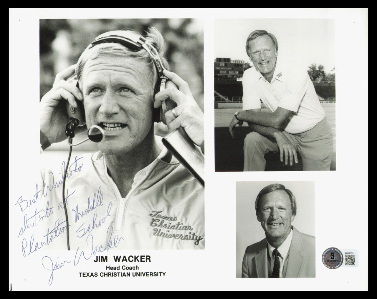 Jim Wacker Autographed 8x10 Photo TCU "Best Wishes" Beckett BAS QR #BM37775