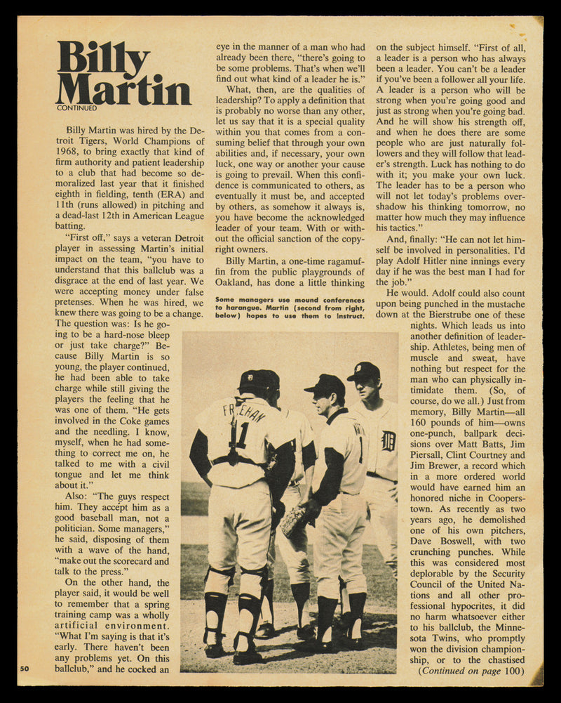 Billy Martin Autographed 7.5x9.5 Magazine Page Photo Detroit Tigers Beckett BAS #AD43454