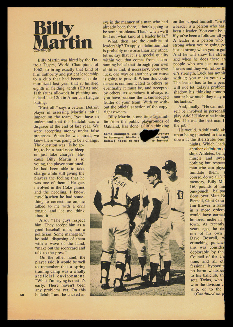 Billy Martin Autographed 7x10 Magazine Page Photo Detroit Tigers (Tear) Beckett BAS #AD43455