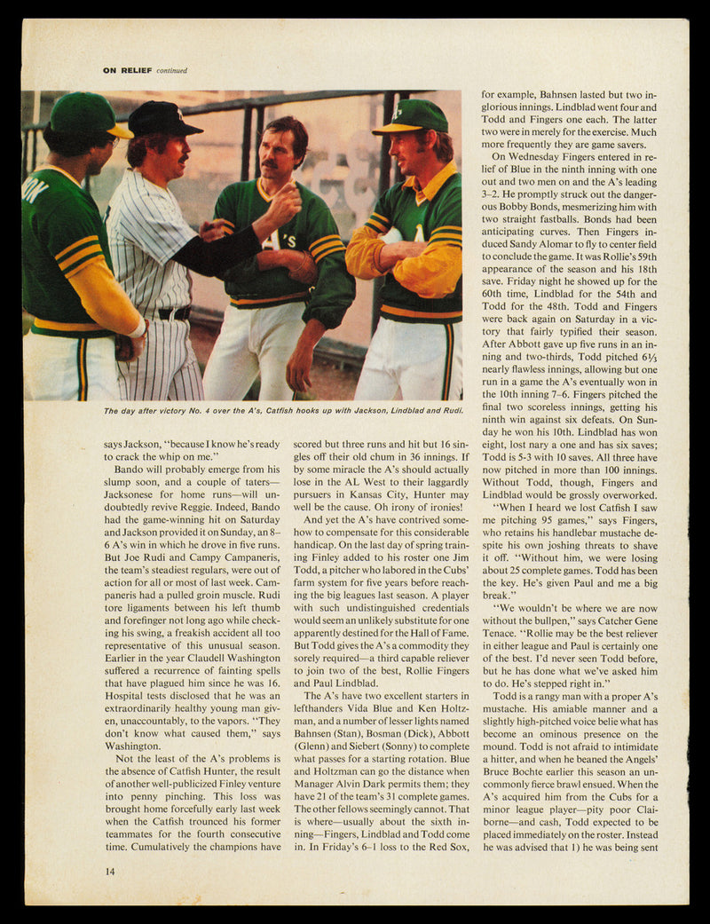 Rollie Fingers & Jim Todd Autographed 8.5x11.5 Magazine Page Photo Oakland A's SKU #232452