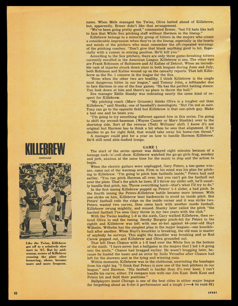 Harmon Killebrew Autographed 8.5x11.5 Magazine Page Photo Minnesota Twins SKU #232479