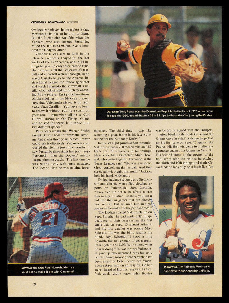 Tim Raines Autographed 8.5x11.5 Magazine Page Photo Montreal Expos SKU #232506