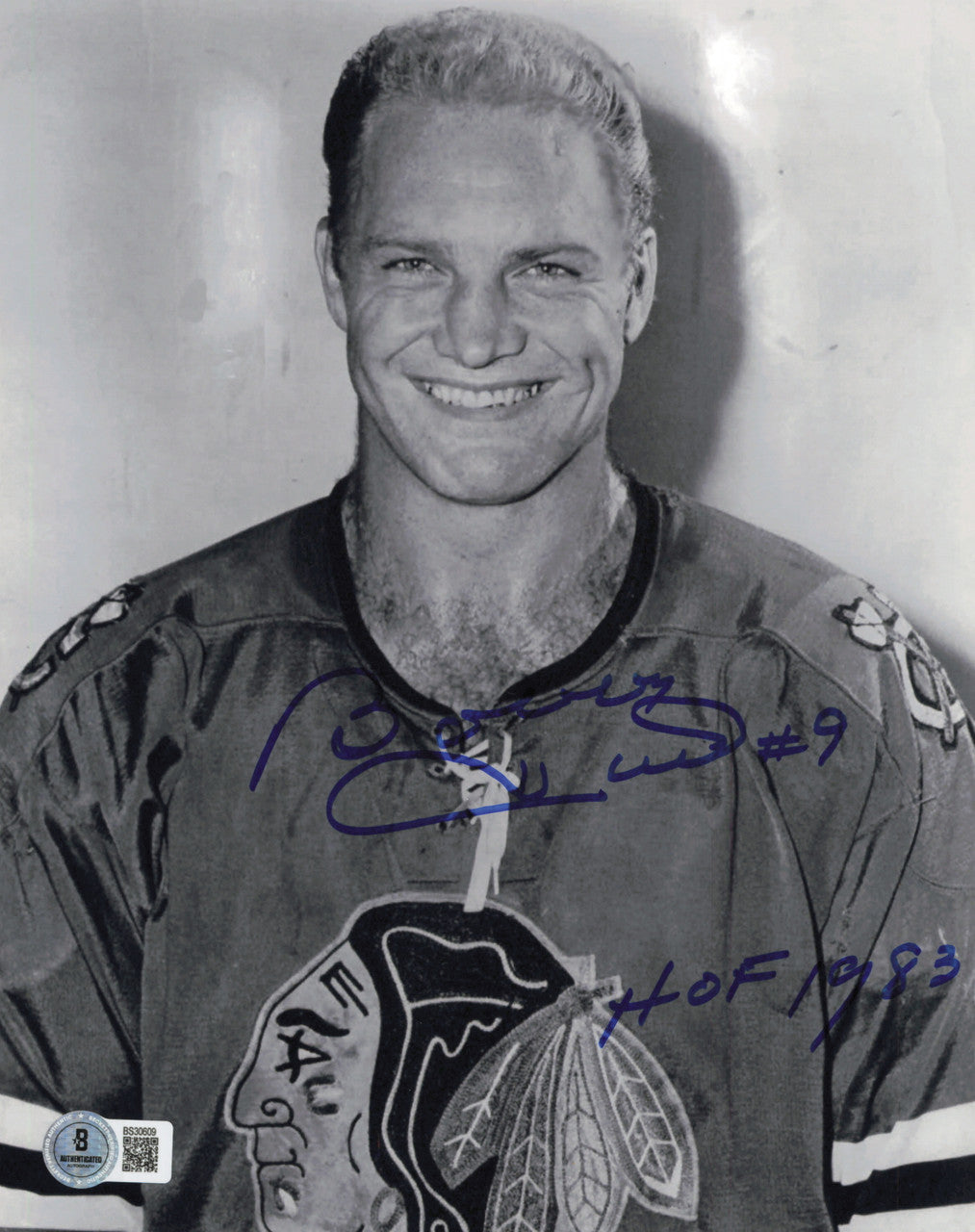 Bobby Hull Autographed 8x10 Photo Chicago Blackhawks "#9 HOF 1983 The Golden Jet" Beckett BAS QR #BS30609