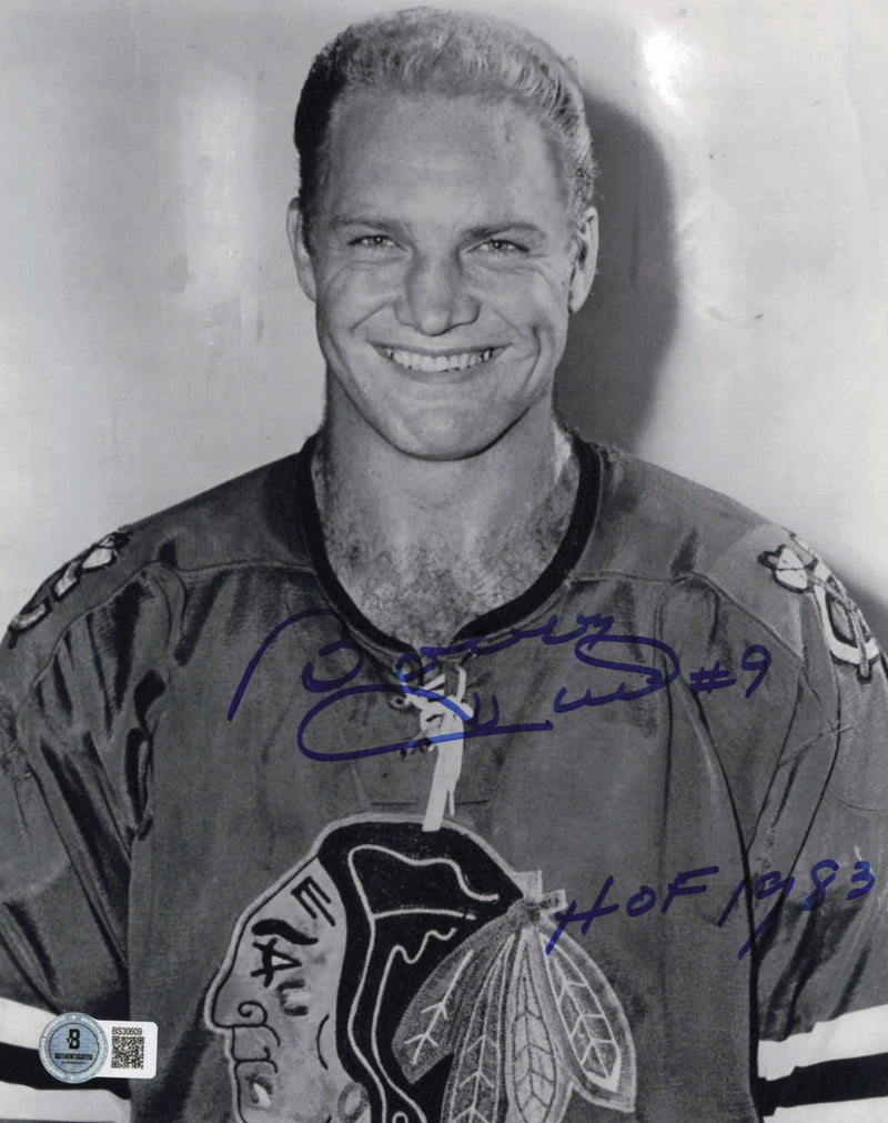 Bobby Hull Autographed 8x10 Photo Chicago Blackhawks "#9 HOF 1983 The Golden Jet" Beckett BAS QR #BS30609