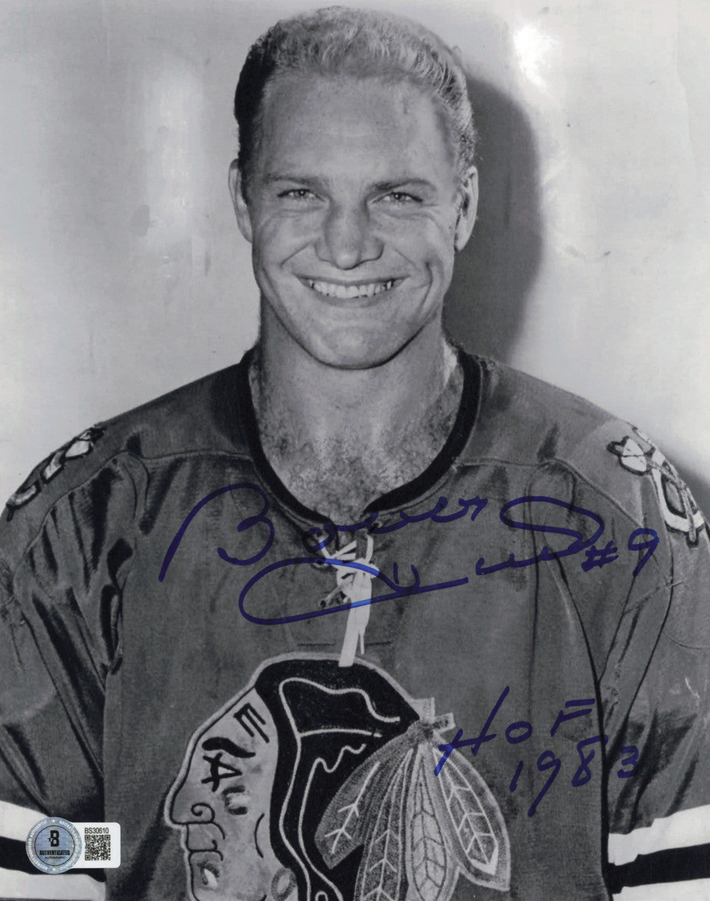 Bobby Hull Autographed 8x10 Photo Chicago Blackhawks "#9 HOF 1983 The Golden Jet" Beckett BAS QR #BS30610