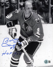 Bobby Hull Autographed 8x10 Photo Chicago Blackhawks "#9 HOF 1983 The Golden Jet" Beckett BAS QR #BS30611