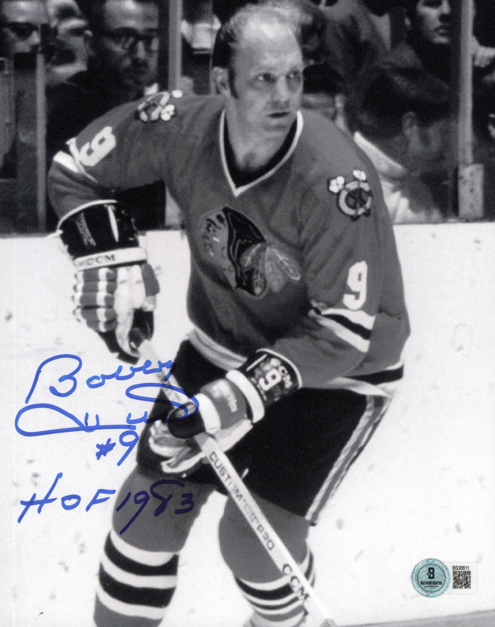 Bobby Hull Autographed 8x10 Photo Chicago Blackhawks "#9 HOF 1983 The Golden Jet" Beckett BAS QR #BS30611