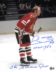 Bobby Hull Autographed 11x14 Photo Chicago Blackhawks "The Golden Jet HOF 1983" Beckett BAS QR #SB30743