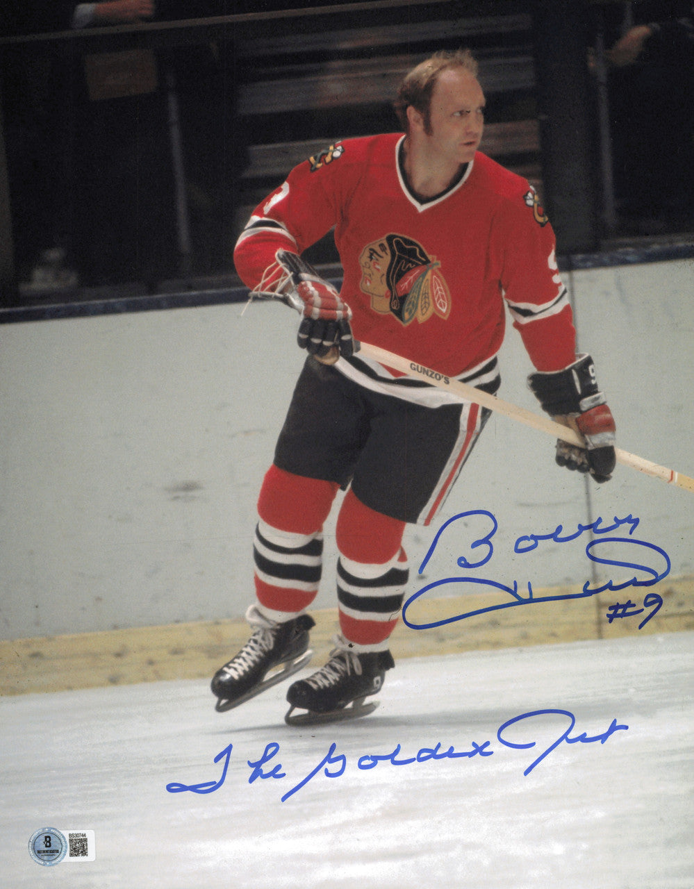 Bobby Hull Autographed 11x14 Photo Chicago Blackhawks "The Golden Jet #9" Beckett BAS QR #SB30744