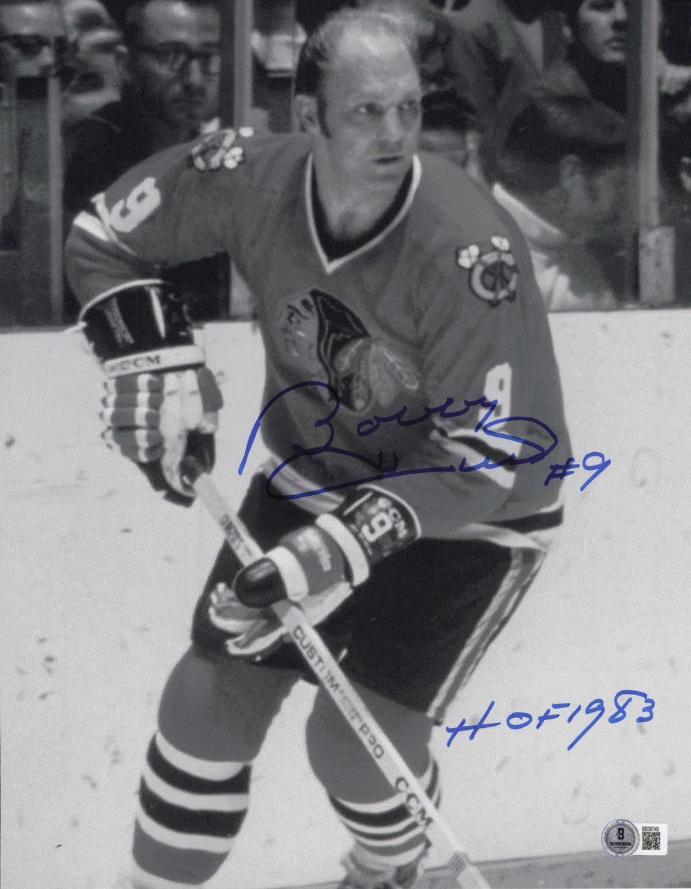 Bobby Hull Autographed 11x14 Photo Chicago Blackhawks "HOF 1983 #9" Beckett BAS QR #SB30745