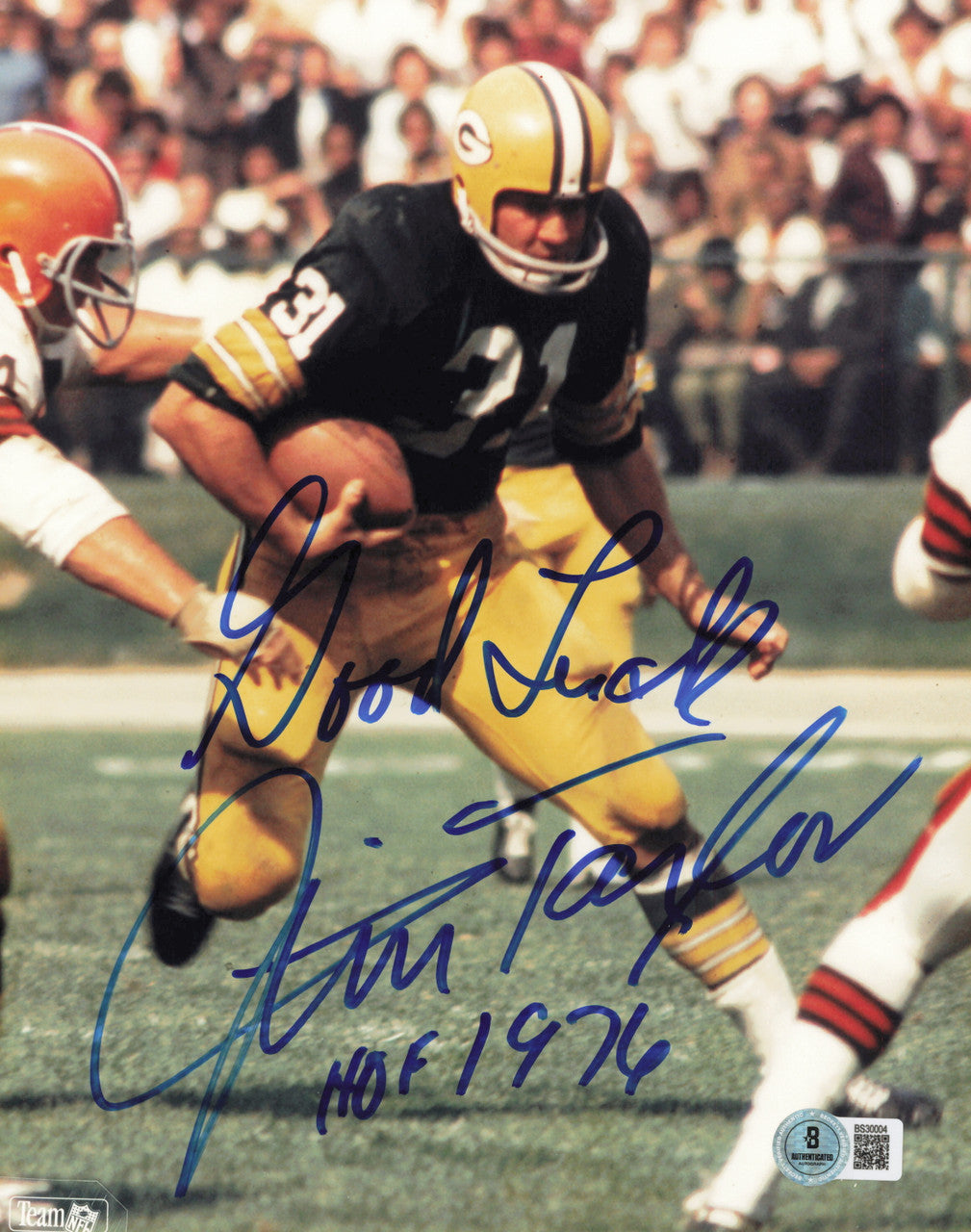 Jim Taylor Autographed 8x10 Photo Green Bay Packers "Good Luck HOF 1976" Beckett BAS QR #BS32004