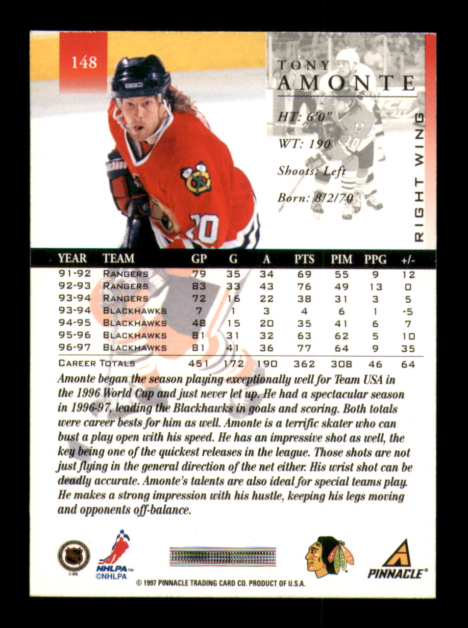 Tony Amonte Autographed 1997-98 Pinnacle Card #148 Chicago Blackhawks SKU #248074