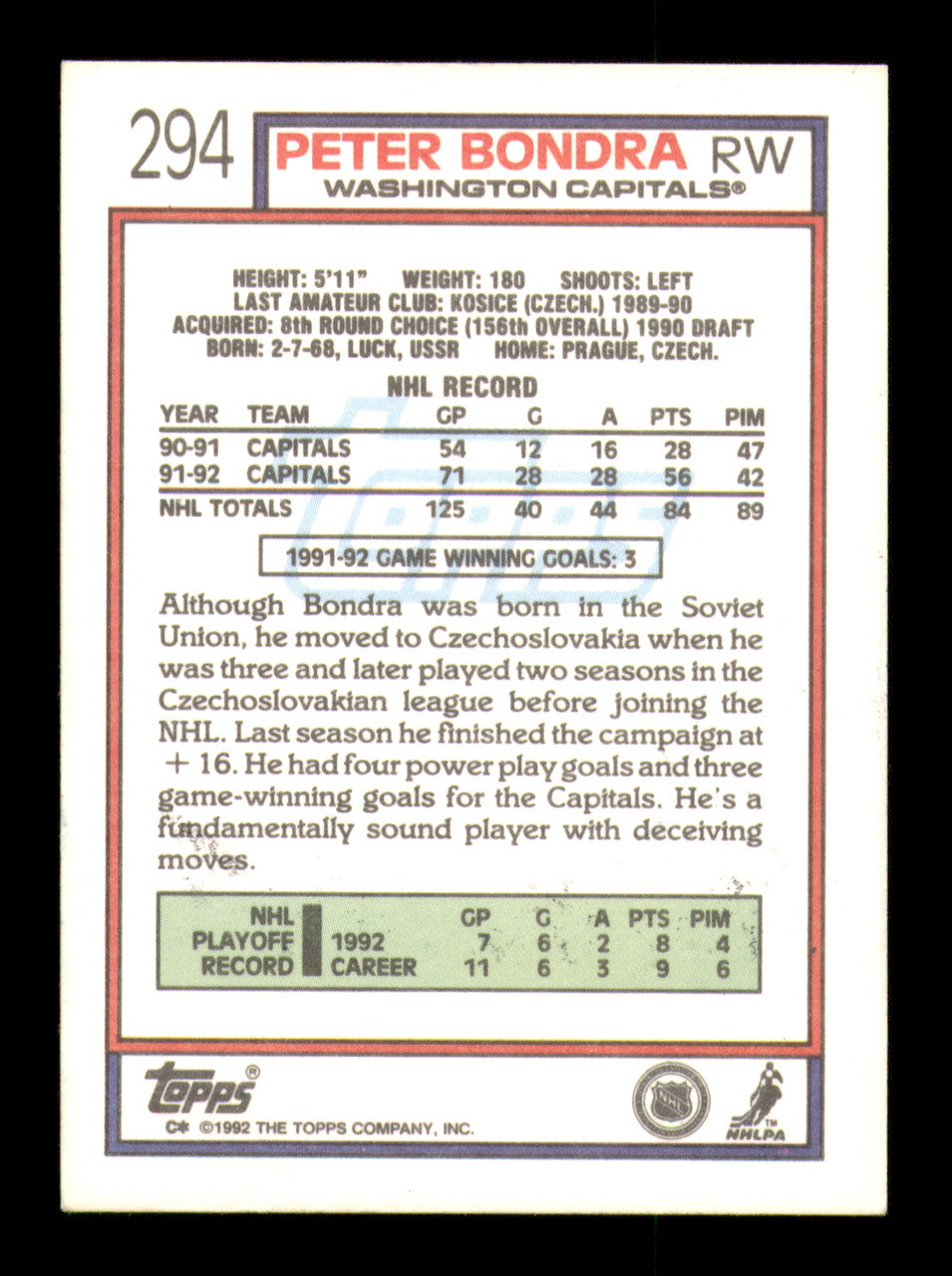 Peter Bondra Autographed 1992-93 Topps Card #294 Washington Capitals SKU #248080