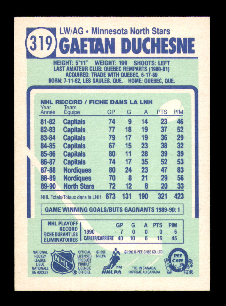 Gaetan Duchesne Autographed 1990-91 O Pee Chee Card #319 Minnesota North Stars SKU #248094