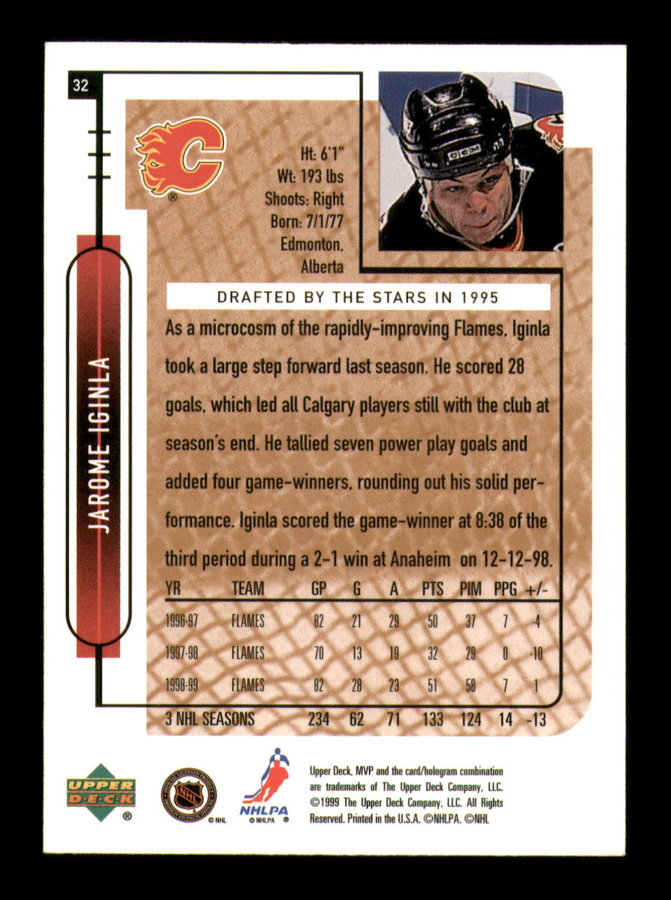 Jarome Iginla Autographed 1999-00 Upper Deck MVP Card #32 Calgary Flames SKU #248119