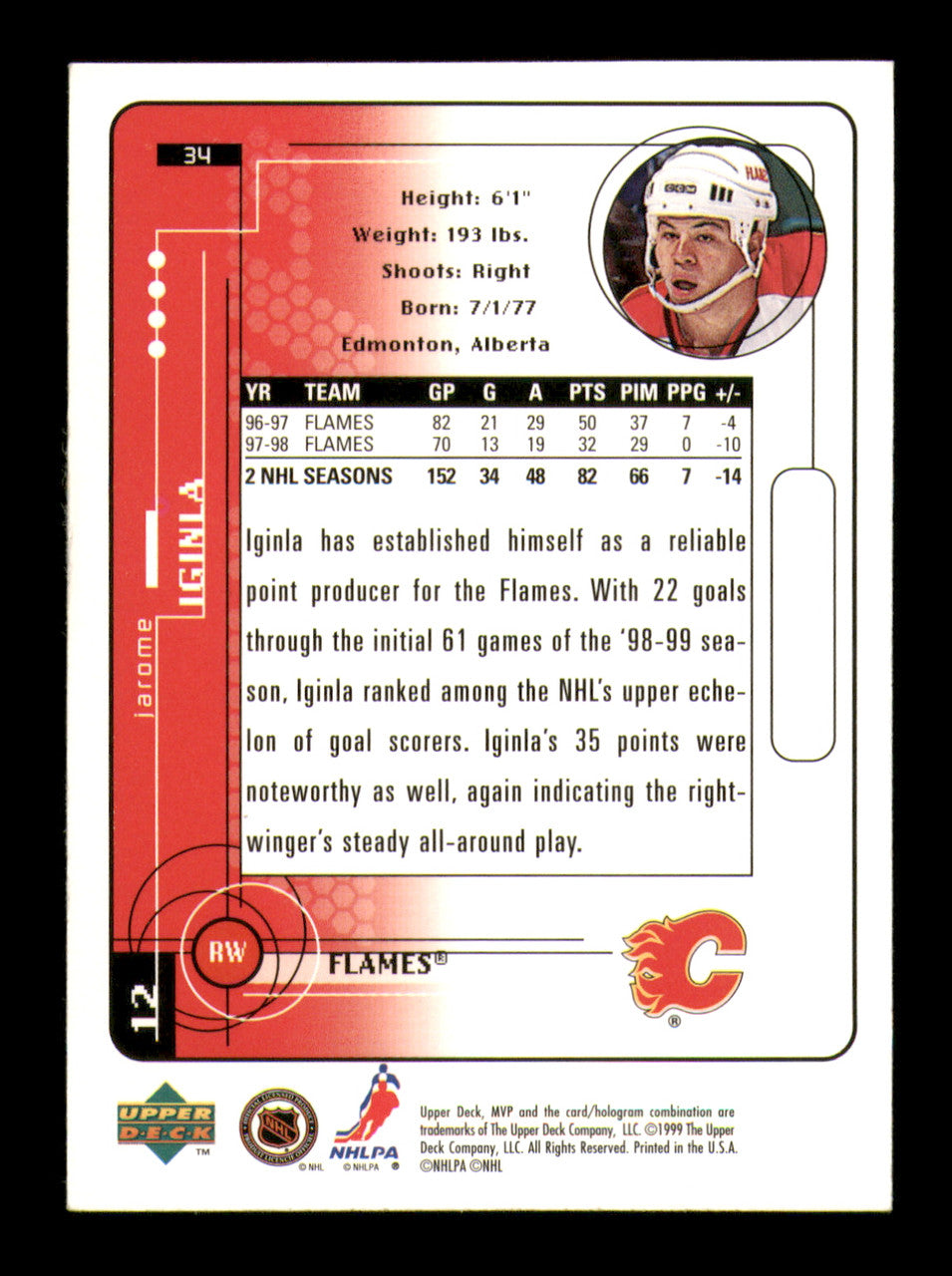 Jarome Iginla Autographed 1998-99 Upper Deck MVP Card #34 Calgary Flames SKU #248121