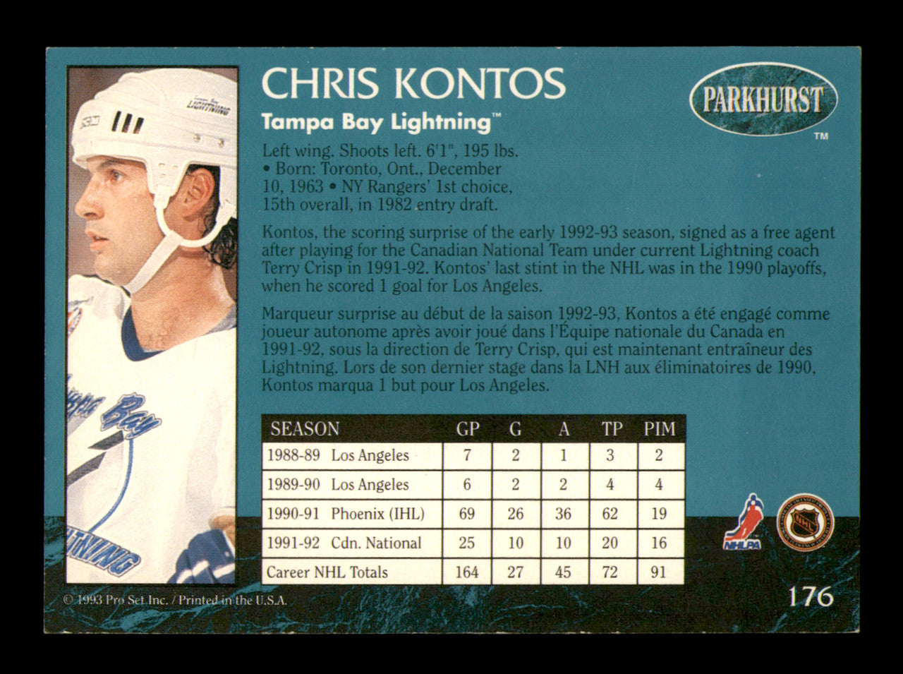 Chris Kontos Autographed 1992-93 Parkhurst Card #176 Tampa Bay Lightning SKU #248128