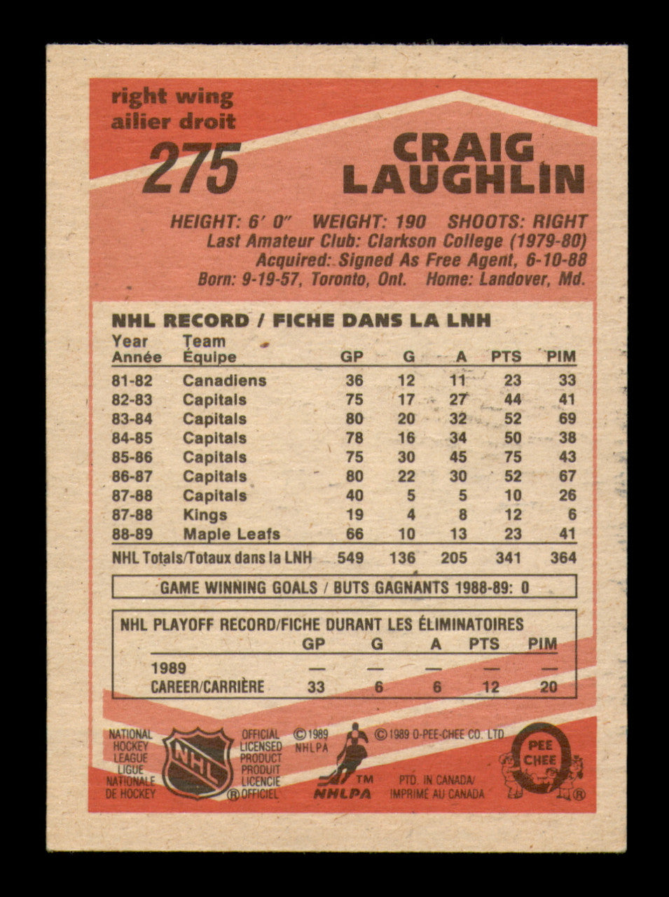 Craig Laughlin Autographed 1989-90 O Pee Chee Card #275 Toronto Maple Leafs SKU #248133