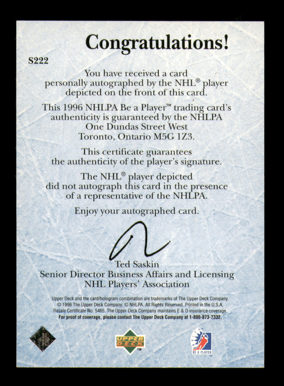 Gino Odjick Autographed 1996 Upper Deck Be A Player Card #222 Vancouver Canucks SKU #248152