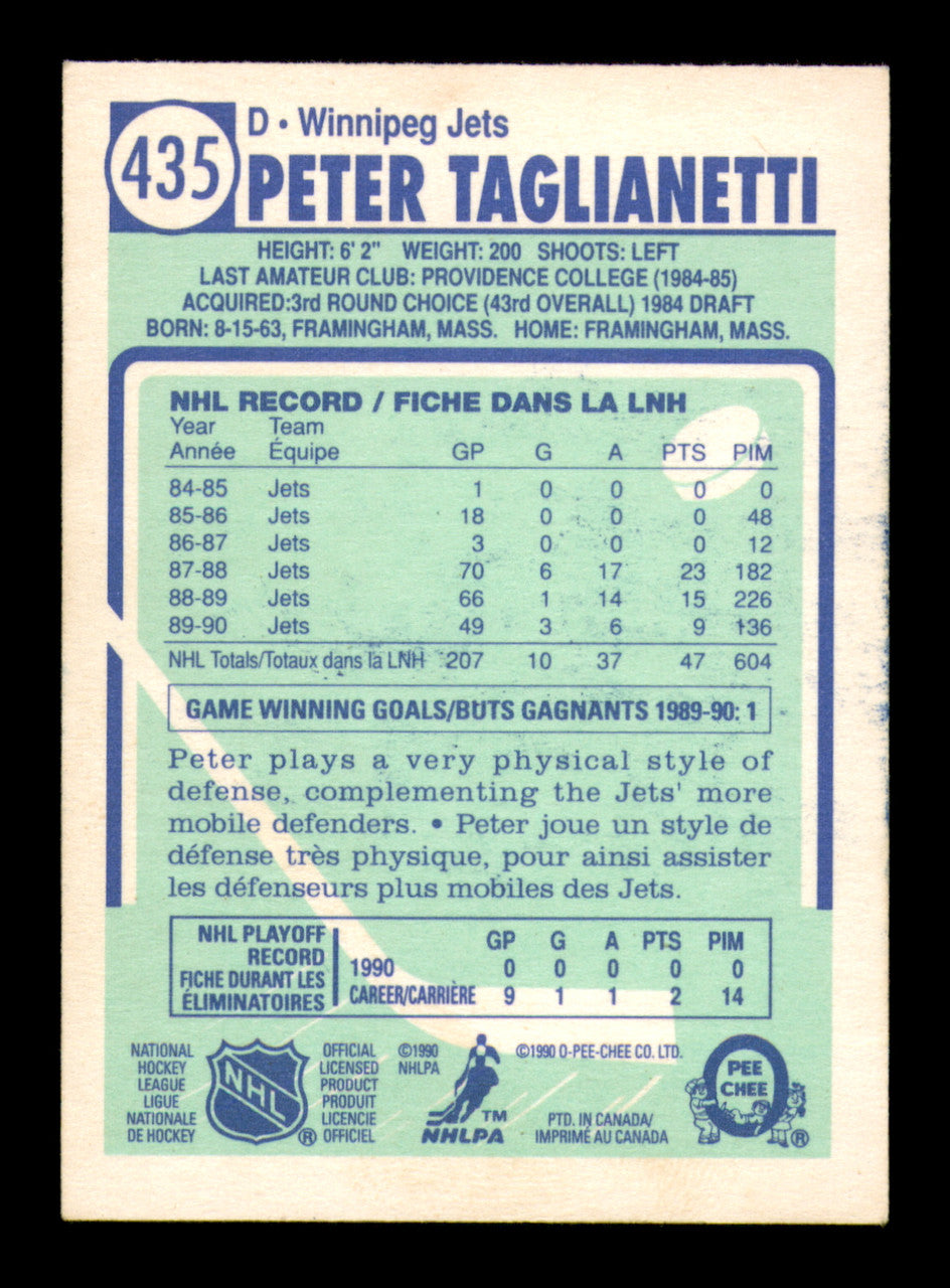 Peter Taglianetti Autographed 1990-91 O Pee Chee Card #435 Winnipeg Jets SKU #248171