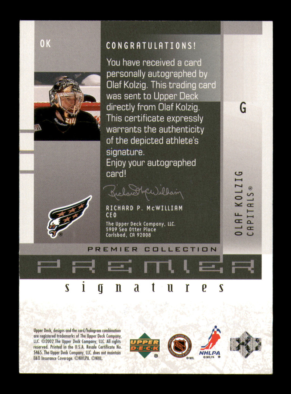 Olaf Kolzig Autographed 2001-02 Premier Collection Signatures Card #OK Washington Capitals SKU #248180