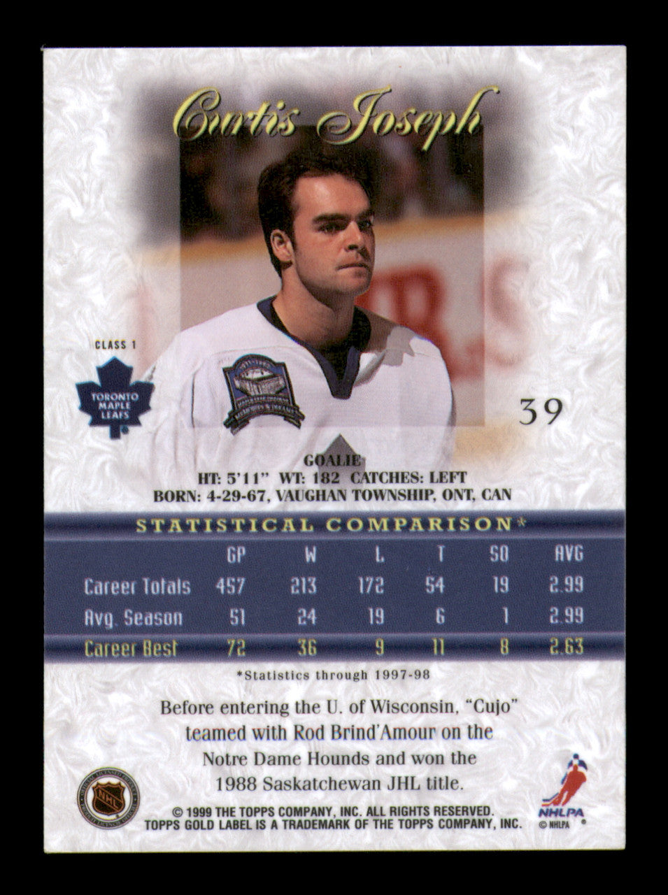 Curtis Joseph Autographed 1998-99 Topps Gold Label Card #39 Toronto Maple Leafs SKU #248183