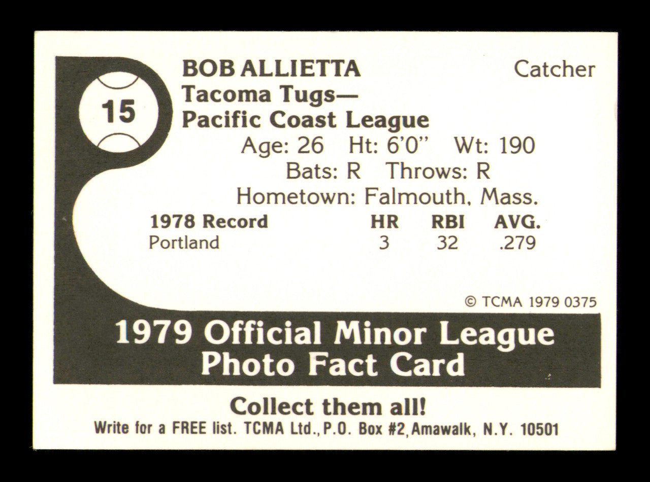Bob Allietta Autographed 1979 TCMA Rookie Card #15 Tacoma Tugs SKU #248190