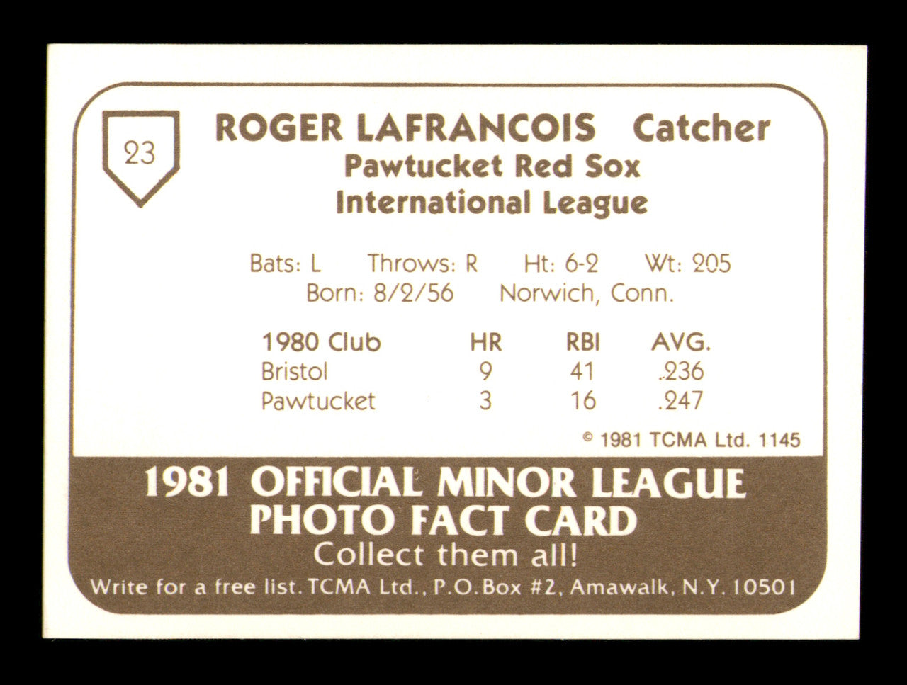 Roger Lafrancois Autographed 1981 TCMA Rookie Card #23 Pawtucket Red Sox SKU #248197