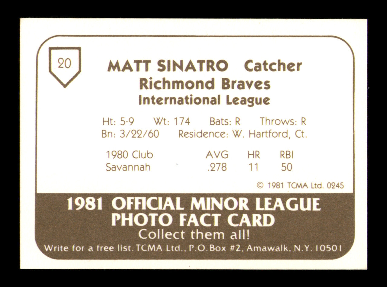 Matt Sinatro Autographed 1981 TCMA Rookie Card #20 Richmond Braves SKU #248200