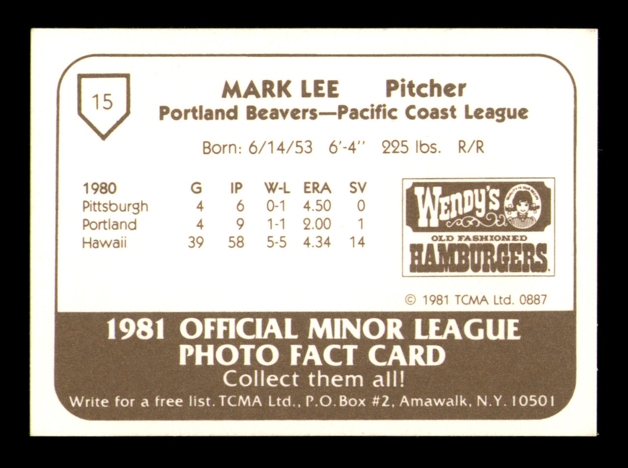 Mark Lee Autographed 1981 TCMA Card #15 Portland Beavers SKU #248210