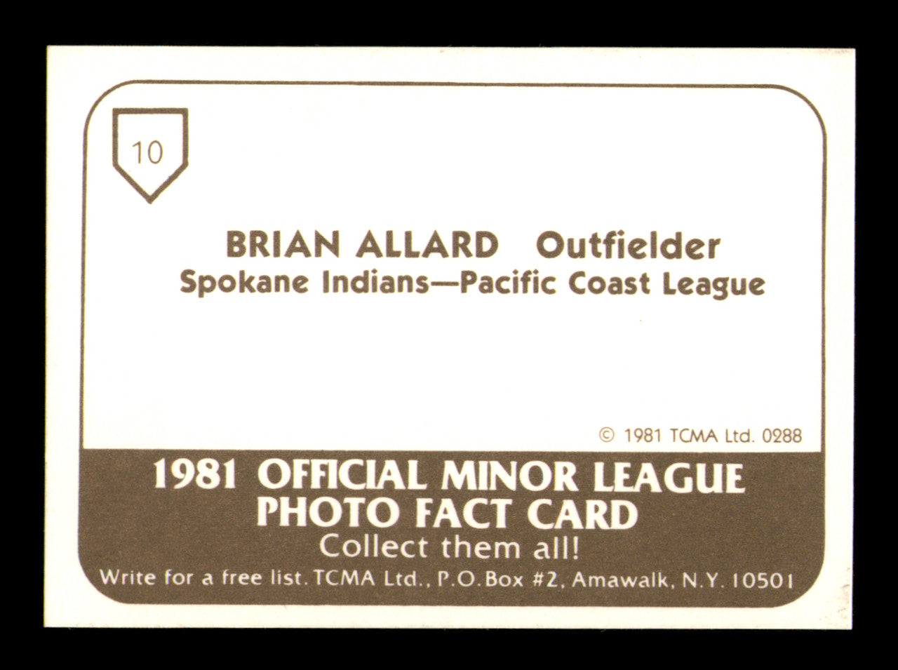 Brian Allard Autographed 1981 TCMA Card #10 Spokane Indians SKU #248215