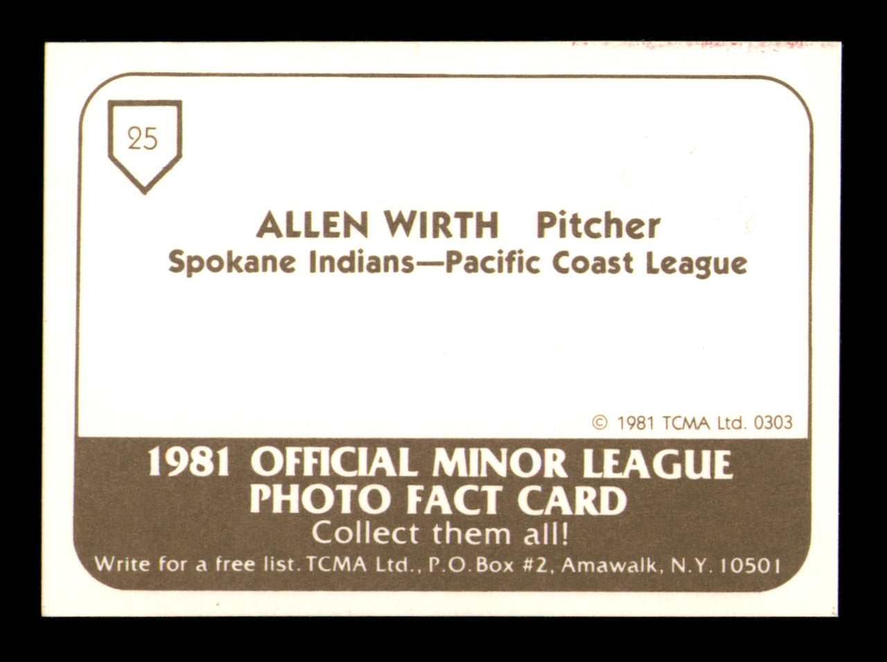 Allen Wirth Autographed 1981 TCMA Card #25 Spokane Indians SKU #248223