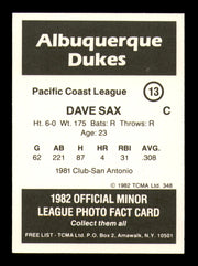 Dave Sax Autographed 1982 TCMA Rookie Card #13 Albuquerque Dukes SKU #248227