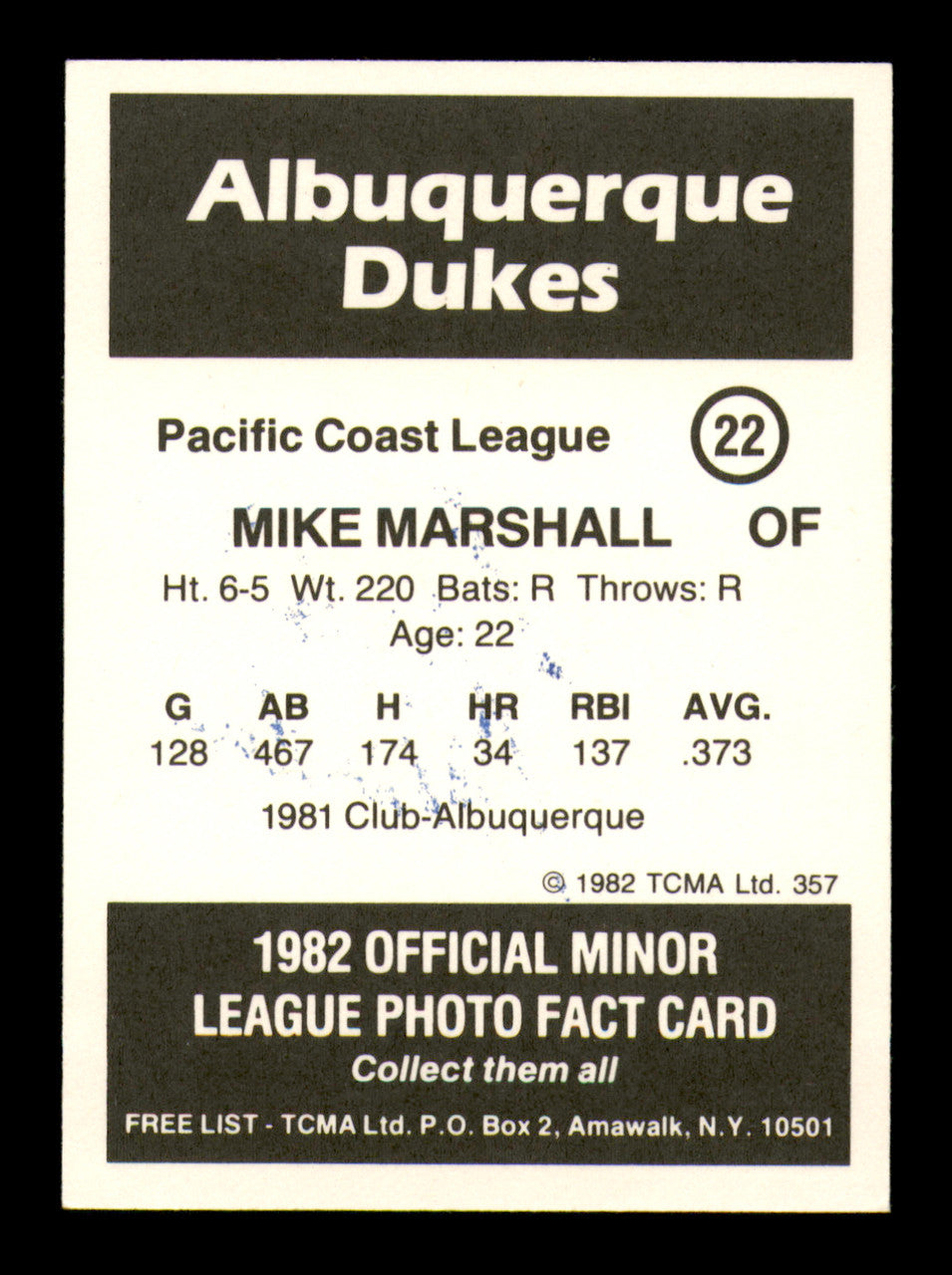 Mike Marshall Autographed 1982 TCMA Card #22 Albuquerque Dukes SKU #248230